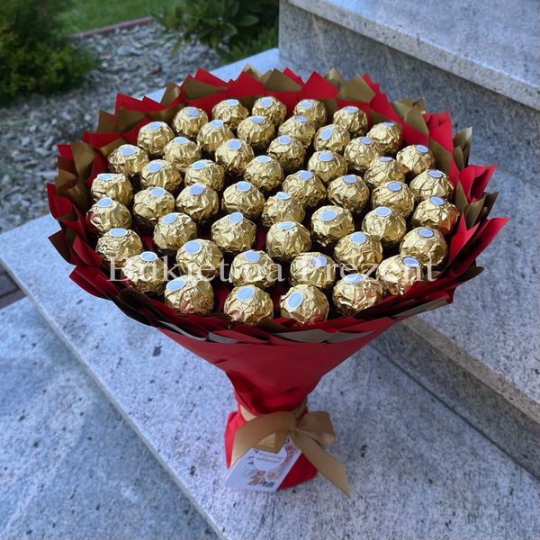 Подарок на 50-летие сладкий букет из конфет Ferrero Rocher (50 конфет) bgs043 (ф=29) (50 szt) czerwony i złoty фото