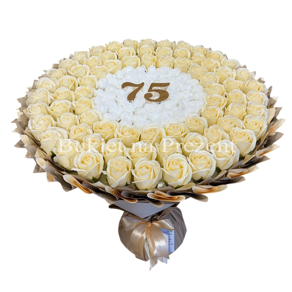 Подарунок на 75 років. Букет із мильних троянд 75 шт. bg075 (75 szt / f48) beżowy фото
