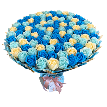 BUKIET 101 R&Oacute;Ż MYDLANYCH NIEBIESKO-KREMOWY MIX DLA DZIEWCZYNY KOBIETY DUŻY MEGA PREZENT NA URODZINY ROCZNICĘ ŚLUBU PREMIUM Z DOSTAWĄ FLOWER BOX mydlany kwiaty mydlane r&oacute;że