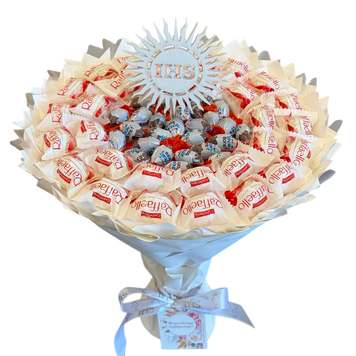 SŁODKI PREZENT DLA DZIECI BUKIET ZE SŁODYCZY KINDER SCHOKO BONS I RAFFAELLO DLA DZIECKA biały