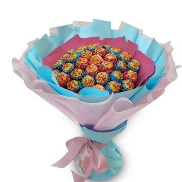 Сладкий съедобный букет розово-голубой из чупа-чупсов Chupa Chups (37 шт) Подарок на 37 лет bds001 фото