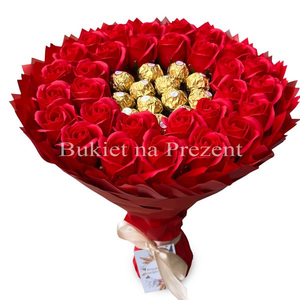Солодкий букет Ферреро Роше та троянди. Подарунок на 30-річчя, ювілей, весілля, річницю весілля bgs035 czerwony 10 фото