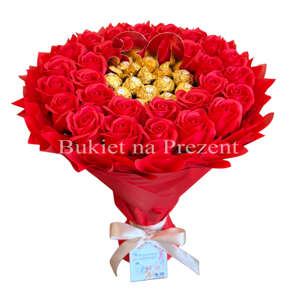 Prezent na 30 Urodziny, Imeniny, Ślub, Rocznicę Ślubu. Słodki bukiet Ferrero Rocher i r&oacute;że czerwone.