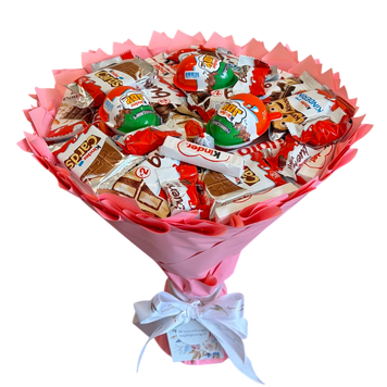 Słodki bukiet r&oacute;żowy na urodziny ze slodyczy Kinder. Prezent Komunia (średnica 30 cm)