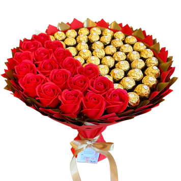 Prezent na 60 18 urodziny. Słodki czerwony i złoty bukiet ze słodyczy Ferrero Rocher 42 szt i 18 szt mydlanych r&oacute;ż