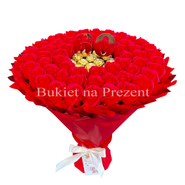 Prezent na 60 Urodziny, Imeniny, Ślub, Rocznicę Ślubu. Słodki bukiet z Ferrero Rocher i r&oacute;ż mydlanych.