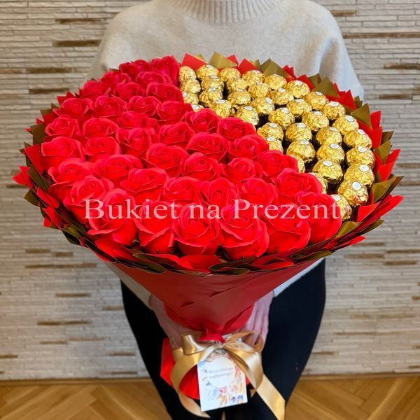 Сладкий букет из Ферреро Роше и роз. Подарок на 80-ти летие, юбилей, свадьбу, годовщину свадьбы bgs055 (40r&oacute;ż+40ferr / F37) czerwony i złoty фото