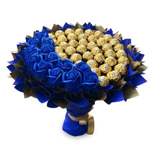 Сладкий съедобный букет сине-золотой с конфетами Ferrero Rocher 40 шт и 15 шт мыльных роз Подарок на 40 лет bgs024 niebieskie róże niebieski i złoty фото