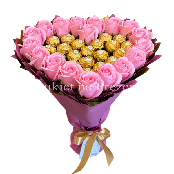 Сладкий букет в форме сердца розово-золотой с конфетами Ferrero Rocher и 18 шт мыльных роз. Подарок на 18 20 лет bgs028 r&oacute;żowy i złoty фото
