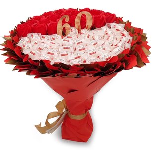 Подарунок на 60 років солодкий букет з цукерок Raffaello (40 цукерок) та мильних троянд (20шт)) bgs030 czerwony i złoty (ф33) фото
