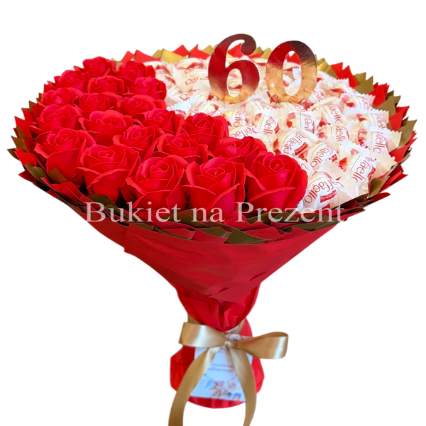 Prezent na 60 urodziny, słodki bukiet ze słodyczy Raffaello (40 szt) i r&oacute;ż mydlanych (20 szt)
