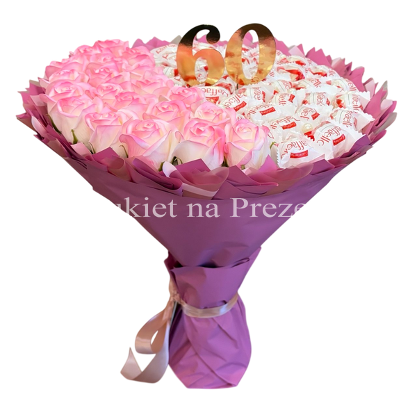 Prezent na 60 40 Urodziny lub Rocznicę Ślubu, Imeniny, Ślub, Wesele. Słodki bukiet ze słodyczy Raffaello (40 szt) i r&oacute;ż mydlanych (20 szt)