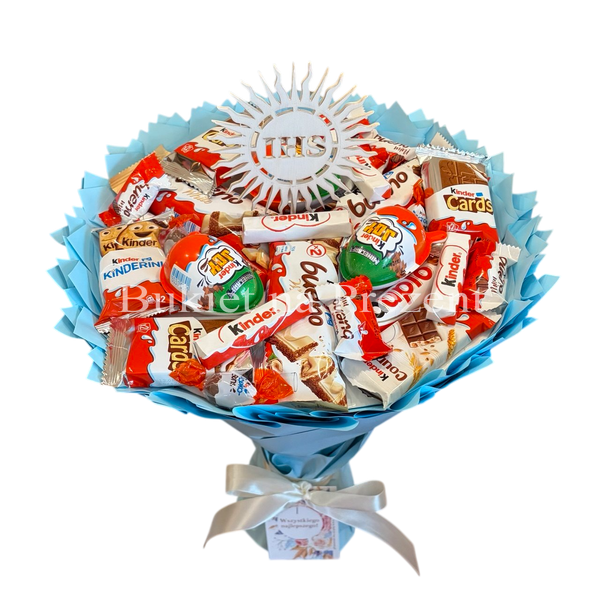 Słodki bukiet niebieski na urodziny ze slodyczy Kinder. Prezent Komunia (średnica 30 cm)