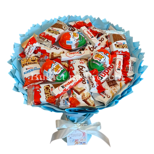 Słodki bukiet niebieski na urodziny ze slodyczy Kinder. Prezent Komunia (średnica 30 cm)