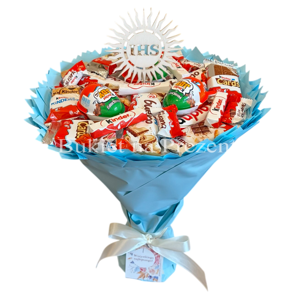 Słodki bukiet niebieski na urodziny ze slodyczy Kinder. Prezent Komunia (średnica 30 cm)