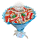 Słodki bukiet niebieski na urodziny ze slodyczy Kinder. Prezent Komunia (średnica 30 cm)