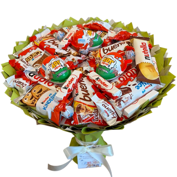 Słodki bukiet zielony na urodziny ze slodyczy Kinder. Prezent Komunia (średnica 30 cm)