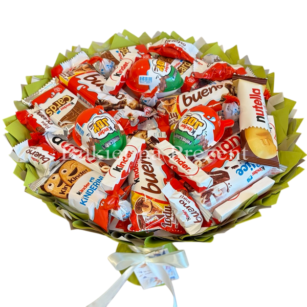 Słodki bukiet zielony na urodziny ze slodyczy Kinder. Prezent Komunia (średnica 30 cm)