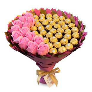 Сладкий съедобный букет розово-золотой с конфетами Ferrero Rocher 40 шт и 15 шт мыльных роз Подарок на 40 лет bgs024 różowy i złoty фото